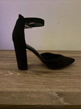 Express Black Ankle-Strap Pointed-Toe Block Heel Pump